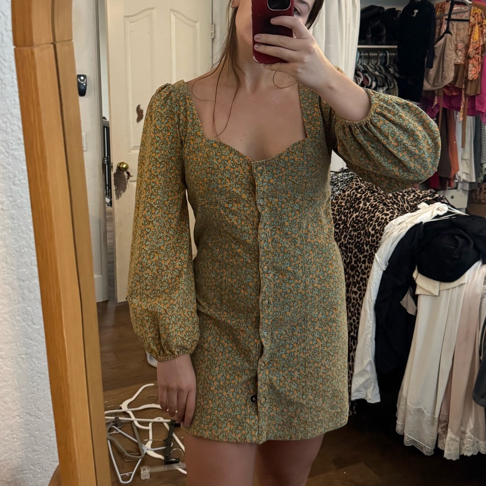 Free People Floral Green Puff Sleeve Dress